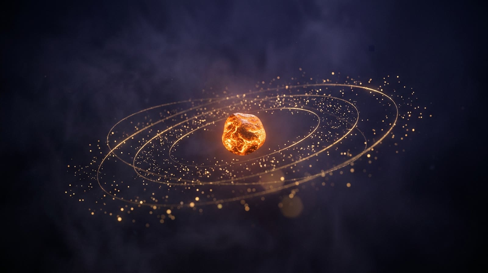 金色粒子圍住火種轉，形成有軌道嘅系統